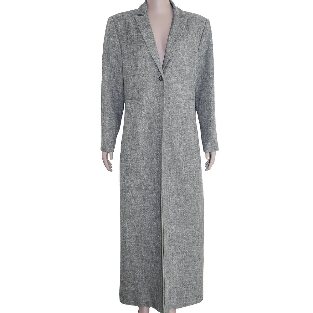 Long Gray Notched Collared Suit Coat Office‎ Chic Sleek Fall Winter Suit Jacket
